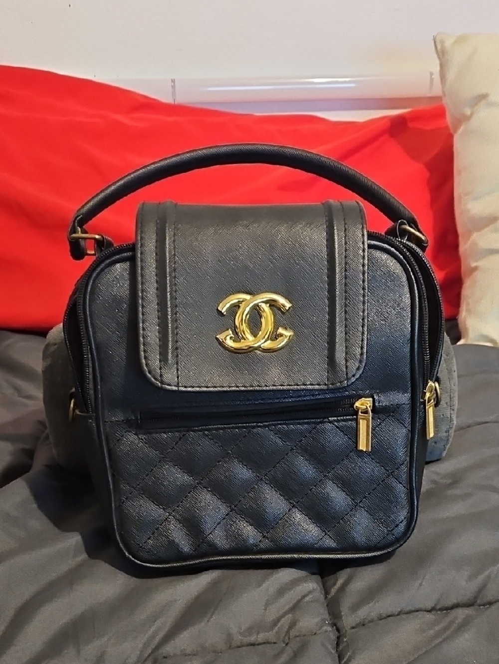 Black Quilted Leather Top Handle Designer Bag